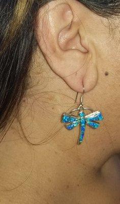 Valentine's gift .Blue opal dragonfly earrings.