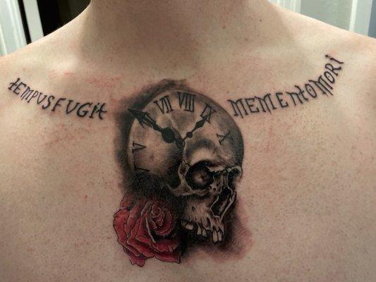 Ancient Art Tattoo Studio, chest tattoo, skull, rose, clock, Latin