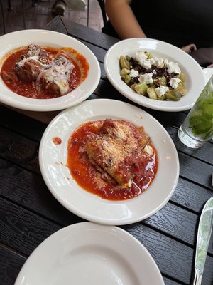 Eggplant, meatballs, Brussels sprouts