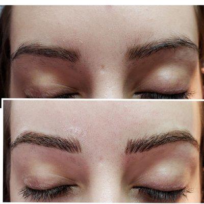 Before and After her permanent microbladed eyebrows