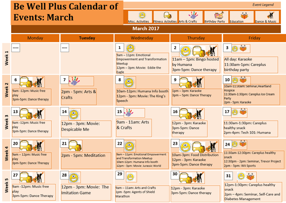 Activities Calendar for March 2017