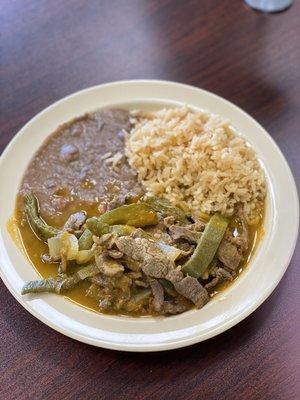 Bistec con nopales ( skirt steak and cactus strips) meal come with tortillas all for $8