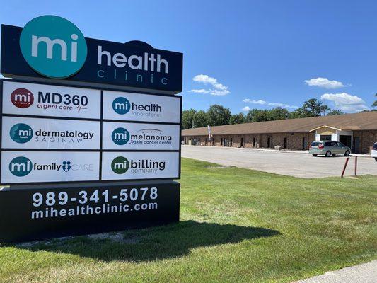 Our front entrance sign features our Urgent Care, Lab, Dermatology, Family Practice, and Billing Company.