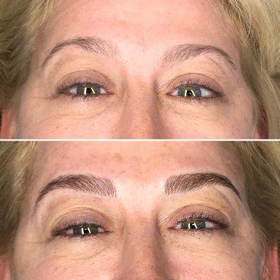 Microblading before and after. Evening out her brows made her look more youthful.