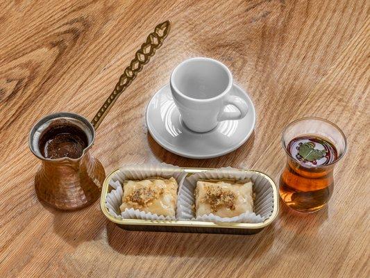 2 pieces of baklava with either Gibli Coffee or Gibli hot mint tea