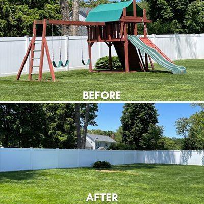 Swing set removal before and after photos. Job done in Setauket, NY.