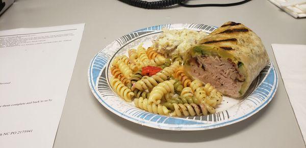 Wrap from specials menu, Tuscany pasta salad and potato salad