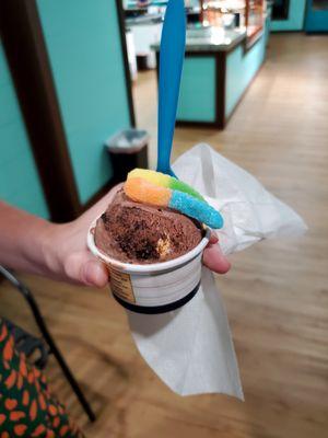 Mud Pie ice cream- chocolate, crushed Oreos, marshmallows and gummy worms