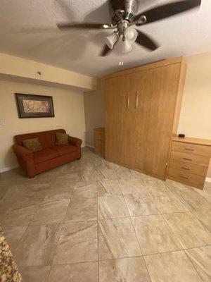 View of the Murphy bed in the upright position.