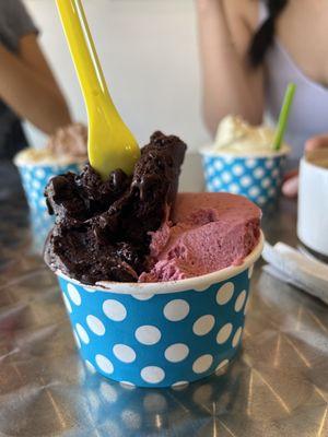 Extra Dark Chocolate and Raspberry Gelato in a medium cup