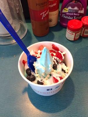 Cotton candy flavored fro yo + berries + yogurt chips