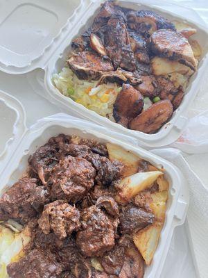 Brown stew chicken and jerk chicken