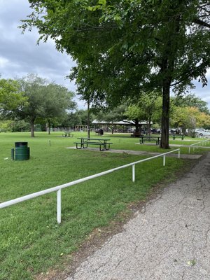 Picnic spaces and view of playground