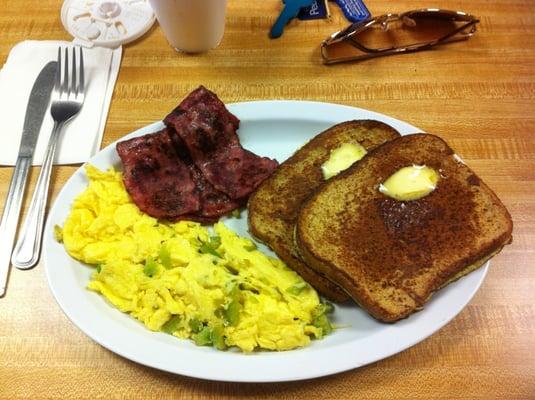 Wheat french toast with eggs and turkey bacon