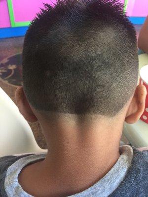 Crooked line up on the kids cut. Good try. My kids ticklish. Oh well..