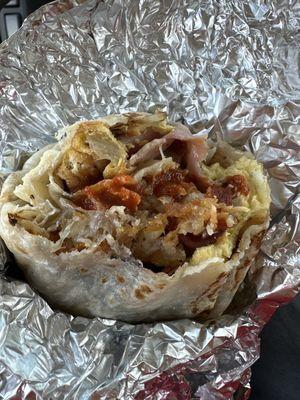 Ham egg hash brown breakfast burrito