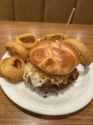 Slam burger with onion rings