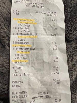 Receipt with highlighted items not included