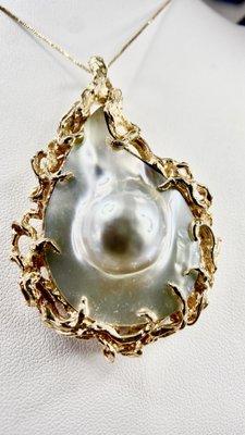 Pearl and Gold hand crafted pendant necklace at Corona del Mar Jewelry.