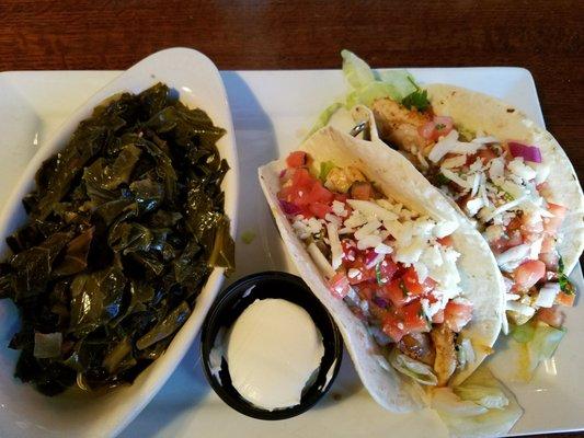 Fish tacos with spicey collards.