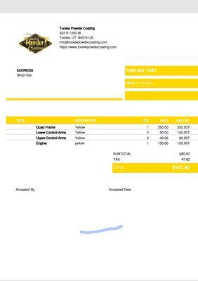 Invoice for powdercoating from other shops