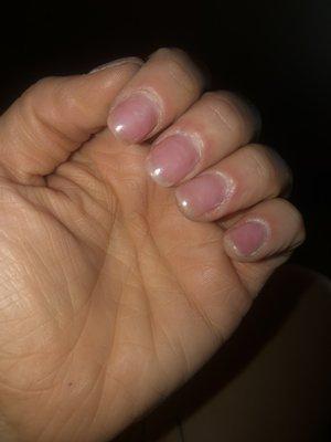 Not only did he leave them all tore up by the cuticle the nails were not shaped at all and I had acrylic all over. Very rushed