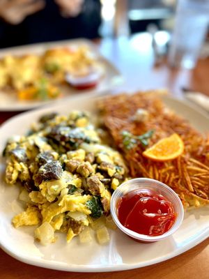 Sausage and egg scramble with side of hash brown and english muffin (not pictured)