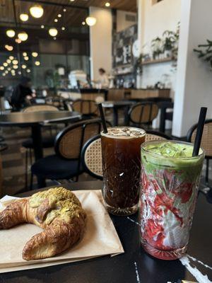 Americano Strawberry matcha latte Pistachio croissant