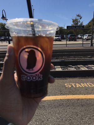 Pour over iced coffee at the Little Silver train station / inside the station house.