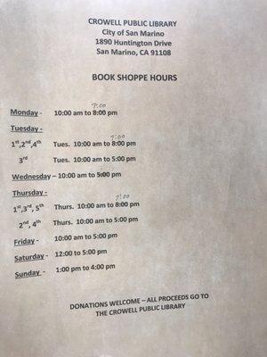 Book Shoppe Hours