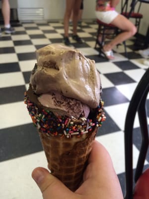 Brownie batter and black raspberry ice creams in a sprinkle cone