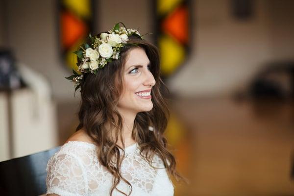 Eliza Jade Photography. Bridal floral crown of ranunculus, spray roses, waxflower, and seeded eucalyptus. www.DesignsByRachelKY.com