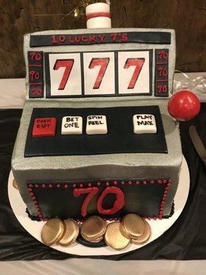 Wow! Look at this cake. Wanted slot machine cake for friend's 70th birthday party. She came up w/this. perfect & delicious too!