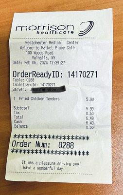 The receipt for those tiny chicken tenders