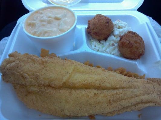 White Fish dinner (includes 2 sides = Mac and Cheese + Coleslaw and then HushPuppies!) "Deal meal"