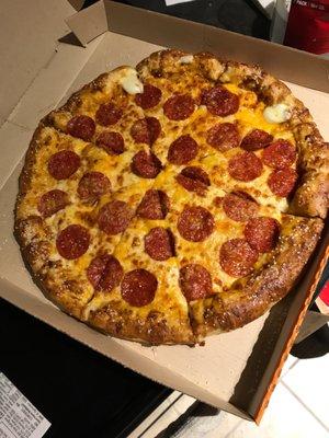 Stuffed crust pepperoni pizza with a pretzel crust.