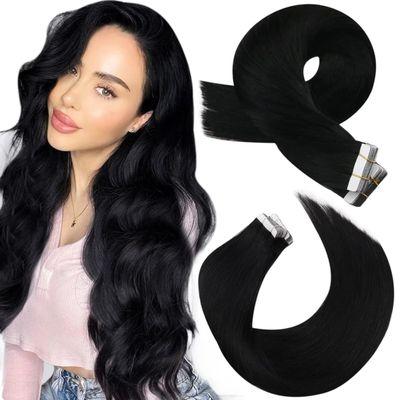 Tape in Hair Extensions Human Hair Extensions Tape in Black 16 Inch Jet Black Hair Extensions Tape in $99