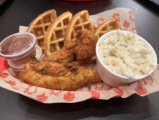 Chicken and waffles and choose your side of crinkle fries, slaw, Mac and cheese or sweet potato fries