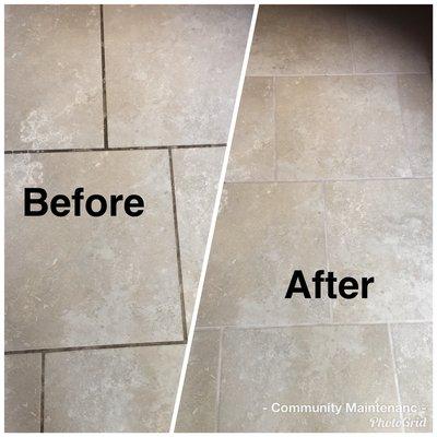 Before and after of tile and grout in a residential kitchen.