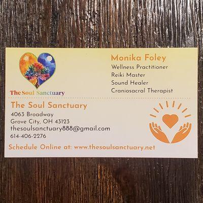 The Soul Sanctuary business card with contact information