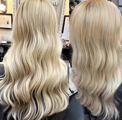 Full blonde and root blend.