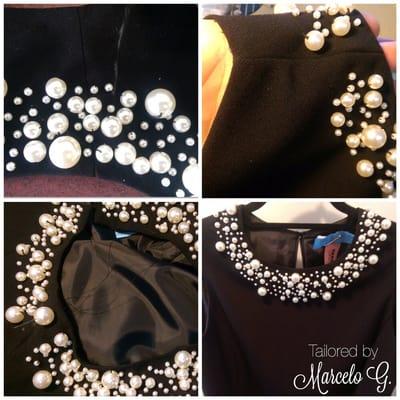 To this beautiful dress we had to remove the pearls to shorten the shoulders, once finished, we had to hand stitch the pearls back on.