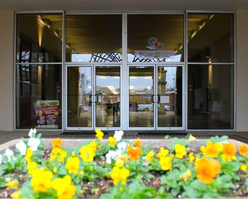 The Gloster Street entrance (with flowers)