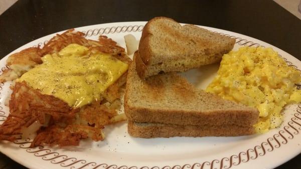 Cheese Eggs, Wheat Toast, Hashbrowns Smothered, Covered