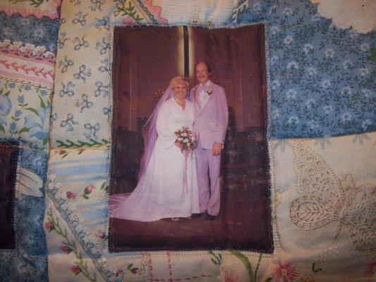 This is when Jim and I mrried 38 yrs. ago.  This is pic on the quilt I made for him.as an anniversary gift.