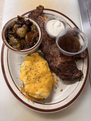 "Prime Rib Steak Dinner"  w/ Garlic Mash Stuffed Fried Skins and Caramelized Balsamic Onion and Bacon Brussels.