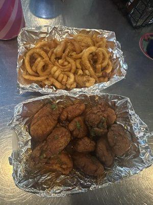 Stinging honey cilantro boneless wings and large fry