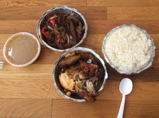 Pepper steak white rice beans half rotisserie chicken