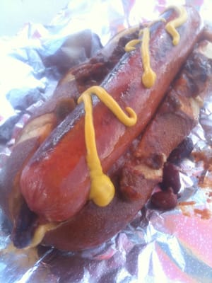 Chili Cheese Dog on Pretzel Roll