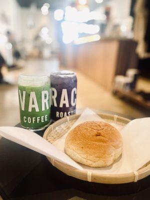 Adobo pandesal, pandan latte, ube latte